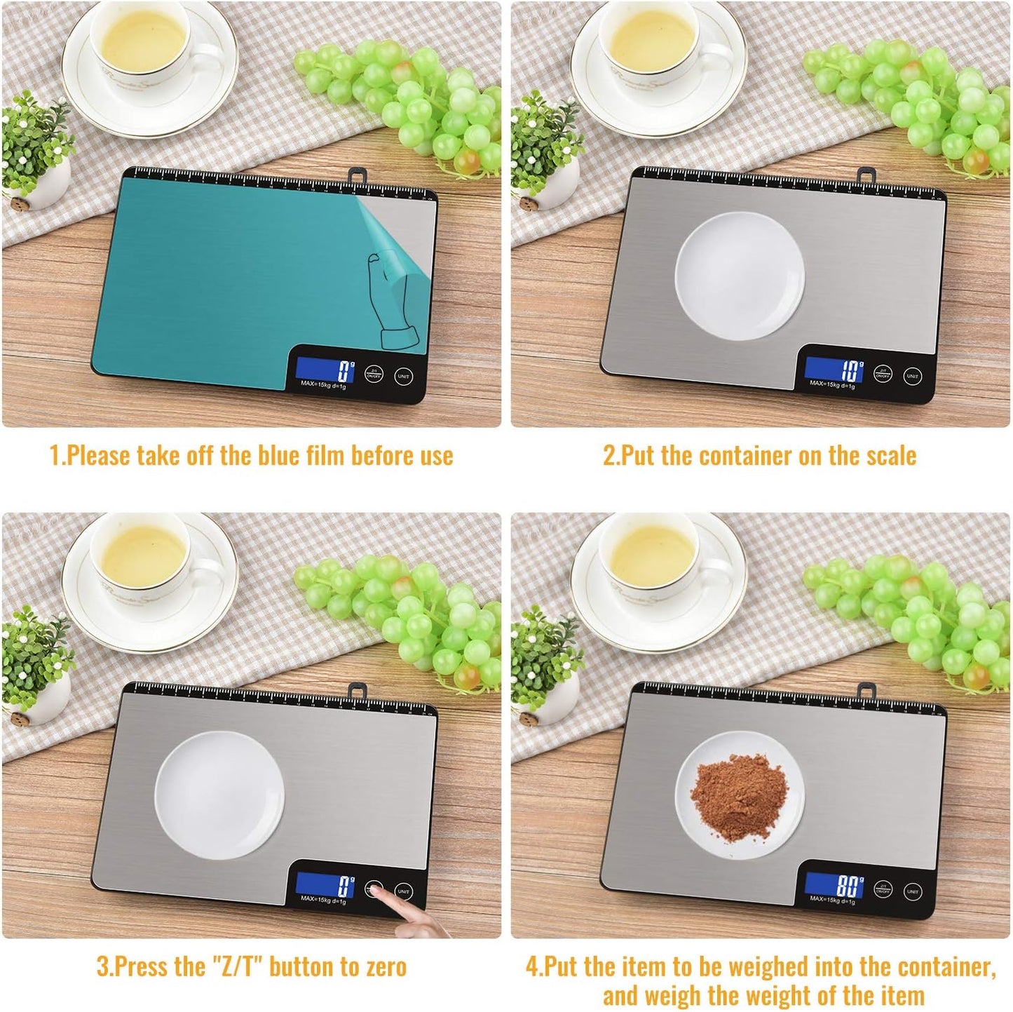33lb Digital Kitchen Scale with Large Weighing Area (9 in) | Professional Food Scale, Stainless Steel Household Scale, Touch Control, LCD Display, Hangable, 6 Units, Tare, with Batteries