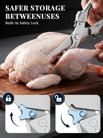 Poultry Shears, Heavy Duty Kitchen Shears With Anti-Slip Handle & Safety Lock, Poultry Scissors for Meat, Chicken, Bone,Turkey, Fish, Spring Loaded, Dishwasher Safe