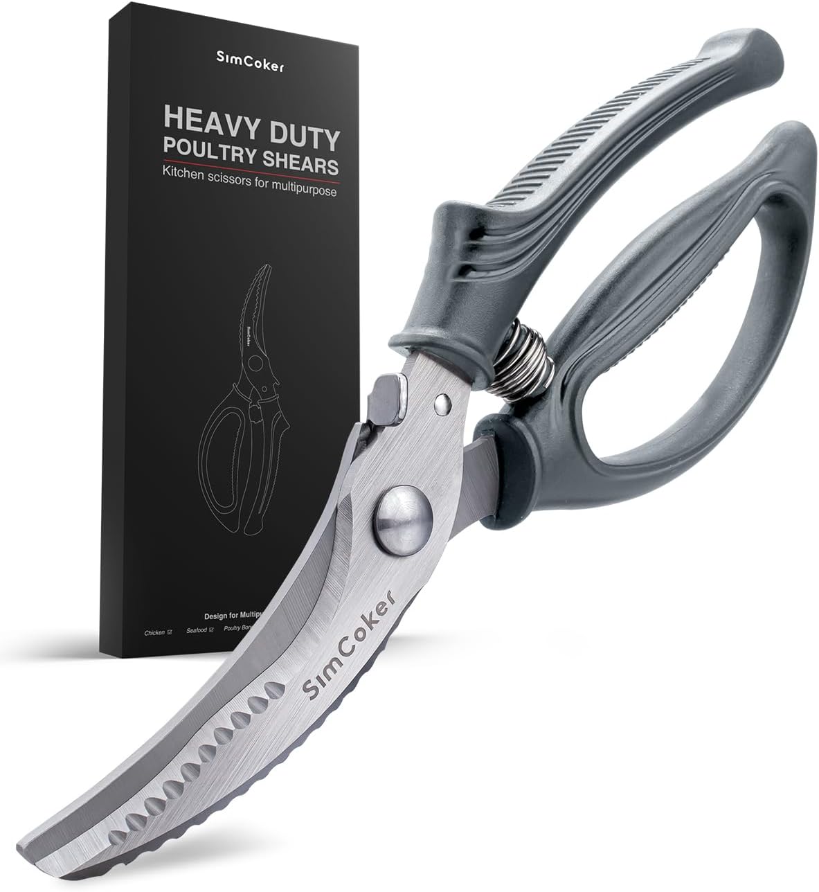 Poultry Shears, Heavy Duty Kitchen Shears With Anti-Slip Handle & Safety Lock, Poultry Scissors for Meat, Chicken, Bone,Turkey, Fish, Spring Loaded, Dishwasher Safe