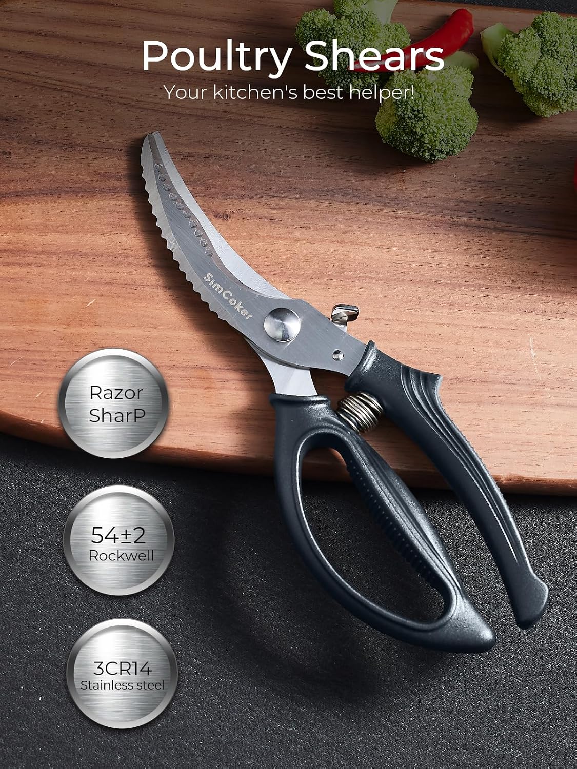 Poultry Shears, Heavy Duty Kitchen Shears With Anti-Slip Handle & Safety Lock, Poultry Scissors for Meat, Chicken, Bone,Turkey, Fish, Spring Loaded, Dishwasher Safe