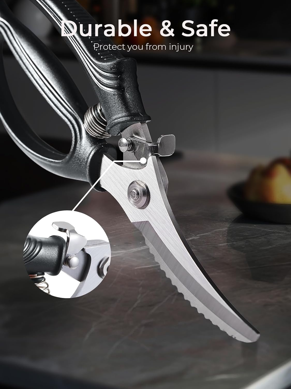 Poultry Shears, Heavy Duty Kitchen Shears With Anti-Slip Handle & Safety Lock, Poultry Scissors for Meat, Chicken, Bone,Turkey, Fish, Spring Loaded, Dishwasher Safe