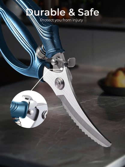 Poultry Shears, Heavy Duty Kitchen Shears With Anti-Slip Handle & Safety Lock, Poultry Scissors for Meat, Chicken, Bone,Turkey, Fish, Spring Loaded, Dishwasher Safe