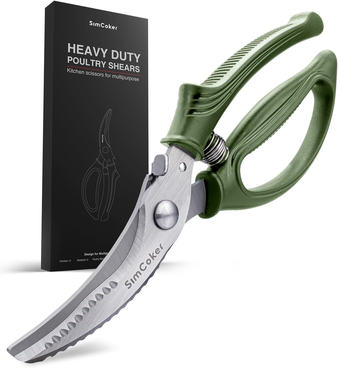 Poultry Shears, Heavy Duty Kitchen Shears With Anti-Slip Handle & Safety Lock, Poultry Scissors for Meat, Chicken, Bone,Turkey, Fish, Spring Loaded, Dishwasher Safe