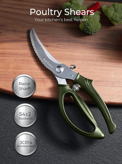 Poultry Shears, Heavy Duty Kitchen Shears With Anti-Slip Handle & Safety Lock, Poultry Scissors for Meat, Chicken, Bone,Turkey, Fish, Spring Loaded, Dishwasher Safe