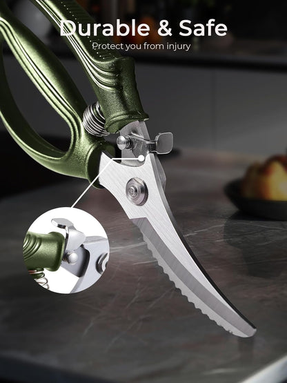 Poultry Shears, Heavy Duty Kitchen Shears With Anti-Slip Handle & Safety Lock, Poultry Scissors for Meat, Chicken, Bone,Turkey, Fish, Spring Loaded, Dishwasher Safe