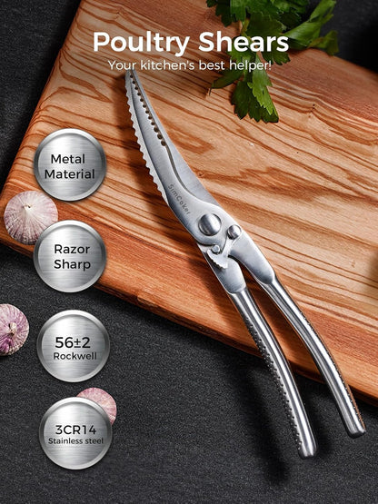 Poultry Shears, Heavy Duty Kitchen Shears With Anti-Slip Handle & Safety Lock, Poultry Scissors for Meat, Chicken, Bone,Turkey, Fish, Spring Loaded, Dishwasher Safe