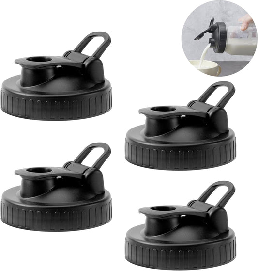Pour Spout Lids for Ball Regular Mouth Mason Jars, Airtight Canning Jar Flip Cap Top Lid for Drinking, Salad, Dressing Pouring, Leak-Proof, Black Pack of 4