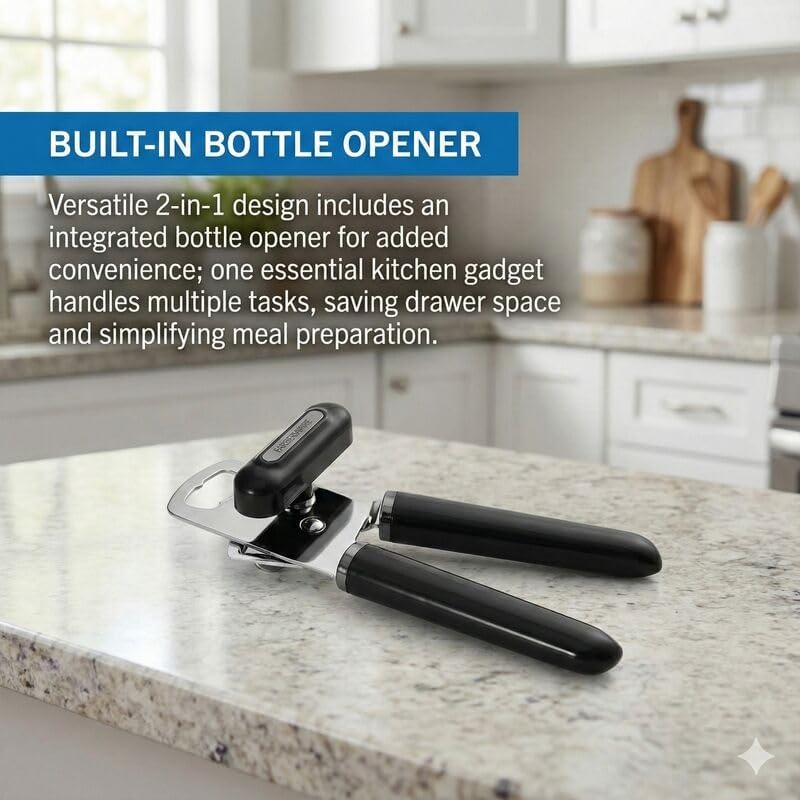 Manual Can Opener and Bottle Opener, High Carbon Stainless Steel Cutting Blade, Large Easy Turn Knob, Ergonomic Handles for Comfortable Grip, Dishwasher Safe Kitchen Gadget