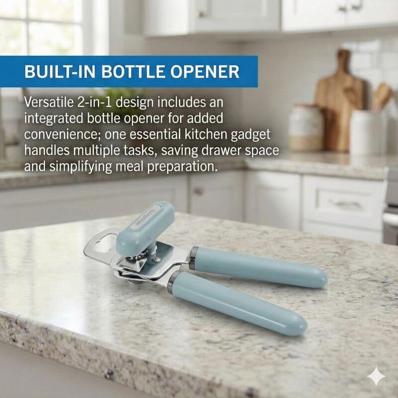 Manual Can Opener and Bottle Opener, High Carbon Stainless Steel Cutting Blade, Large Easy Turn Knob, Ergonomic Handles for Comfortable Grip, Dishwasher Safe Kitchen Gadget