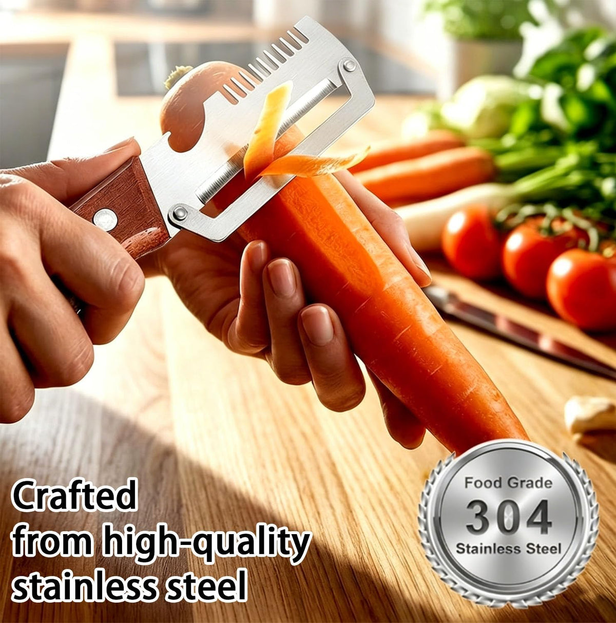 Multi-Functional Vegetable Peeler, 3 in 1 Multi Functional Wooden Handle Peeler and Bottle Opener, Kitchen Gadgets Tool for Fruit Pumpkin Peeling Potato Carrot Veggie Peeler