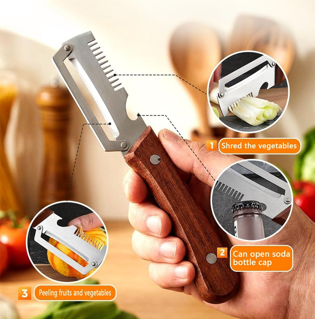 Multi-Functional Vegetable Peeler, 3 in 1 Multi Functional Wooden Handle Peeler and Bottle Opener, Kitchen Gadgets Tool for Fruit Pumpkin Peeling Potato Carrot Veggie Peeler