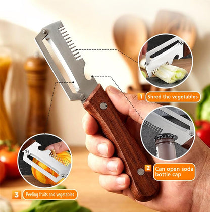 Multi-Functional Vegetable Peeler, 3 in 1 Multi Functional Wooden Handle Peeler and Bottle Opener, Kitchen Gadgets Tool for Fruit Pumpkin Peeling Potato Carrot Veggie Peeler