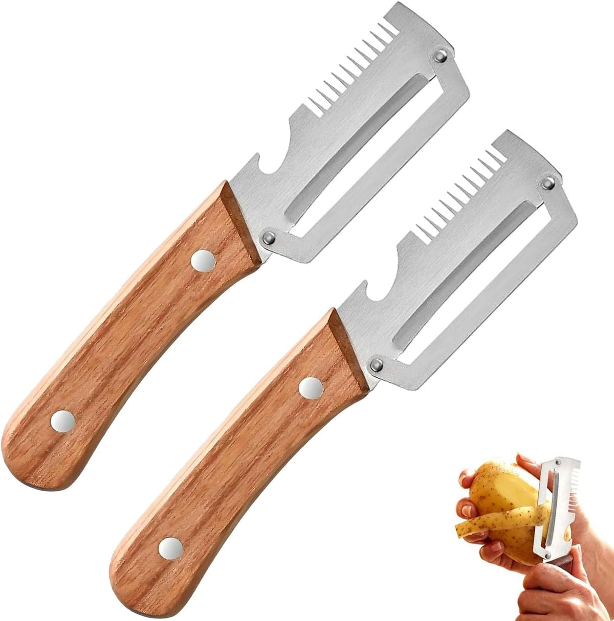 Multi-Functional Vegetable Peeler, 3 in 1 Multi Functional Wooden Handle Peeler and Bottle Opener, Kitchen Gadgets Tool for Fruit Pumpkin Peeling Potato Carrot Veggie Peeler