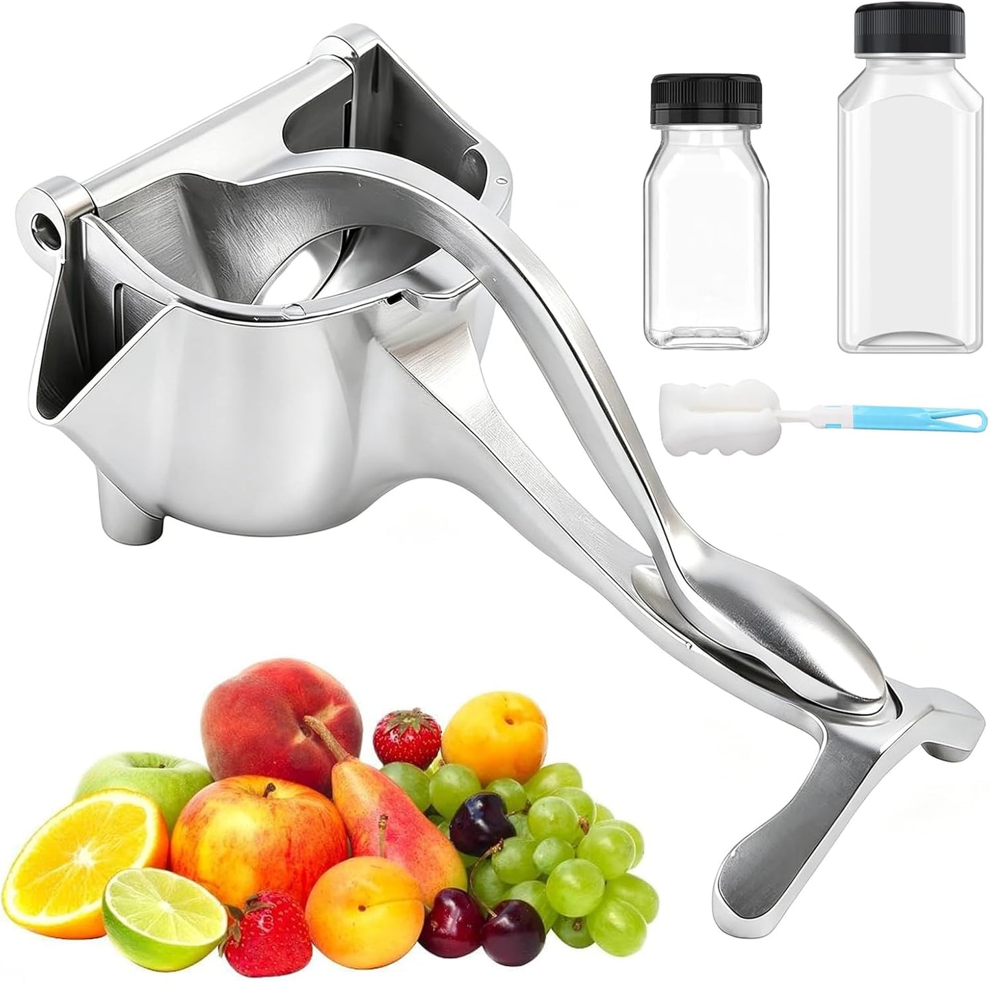 Fresh Fruit Juice Squeezer Handheld Aluminum Alloy,Hand Juicer Squeezer Lemon,Non-Slip Ergonomic Grip,Easy to Clean for Orange, Lemon, And Watermelon,with Two Beverage Bottles And A Cleaning Brush.