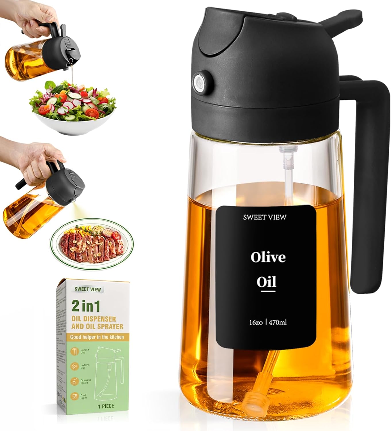 Olive Oil Sprayer for Cooking 16oz/470ml | Glass Oil Dispenser/Pour Bottle, Kitchen Accessories, Kitchen Gadgets for Air Fryer, Salad, BBQ, with Stickers (Black)