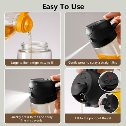 Olive Oil Sprayer for Cooking 16oz/470ml | Glass Oil Dispenser/Pour Bottle, Kitchen Accessories, Kitchen Gadgets for Air Fryer, Salad, BBQ, with Stickers (Black)