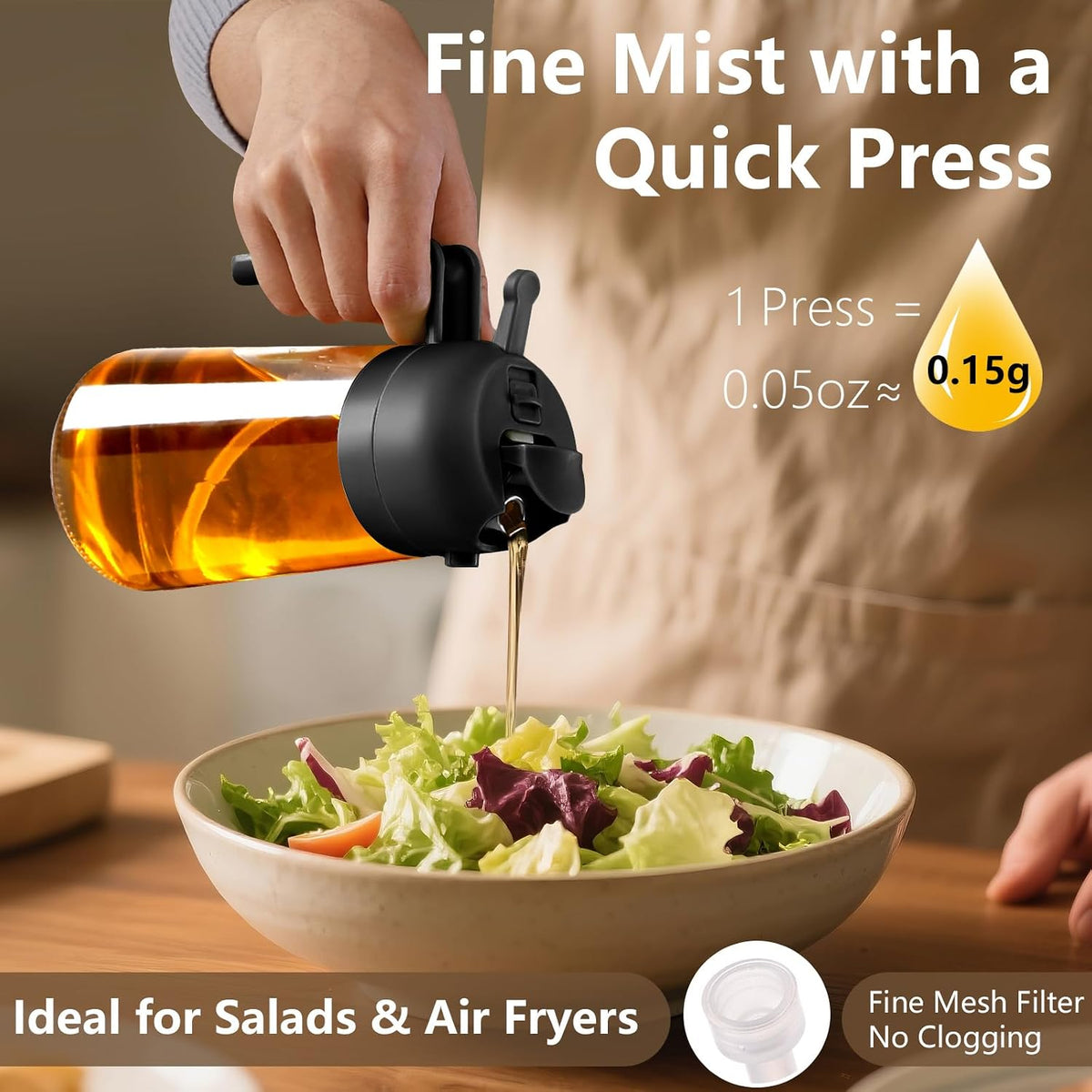 Olive Oil Sprayer for Cooking 16oz/470ml | Glass Oil Dispenser/Pour Bottle, Kitchen Accessories, Kitchen Gadgets for Air Fryer, Salad, BBQ, with Stickers (Black)