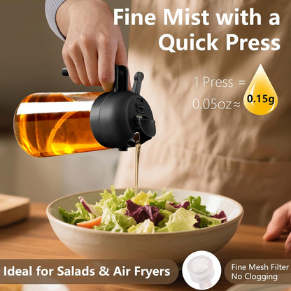 Olive Oil Sprayer for Cooking 16oz/470ml | Glass Oil Dispenser/Pour Bottle, Kitchen Accessories, Kitchen Gadgets for Air Fryer, Salad, BBQ, with Stickers (Black)