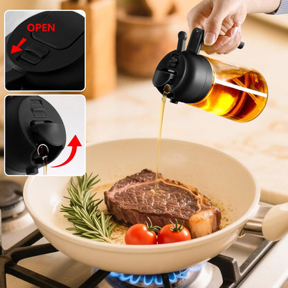 Olive Oil Sprayer for Cooking 16oz/470ml | Glass Oil Dispenser/Pour Bottle, Kitchen Accessories, Kitchen Gadgets for Air Fryer, Salad, BBQ, with Stickers (Black)