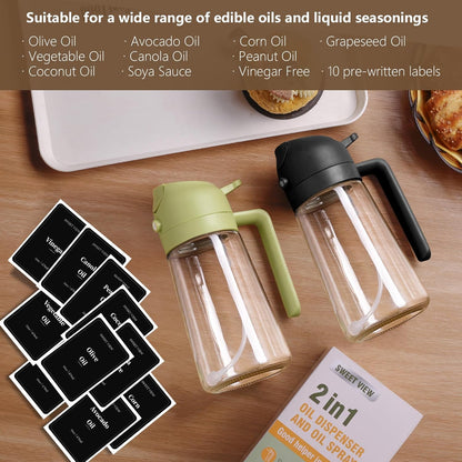 Olive Oil Sprayer for Cooking 16oz/470ml | Glass Oil Dispenser/Pour Bottle, Kitchen Accessories, Kitchen Gadgets for Air Fryer, Salad, BBQ, with Stickers (Black)