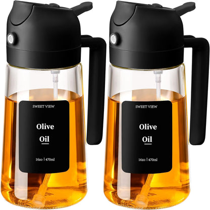 Olive Oil Sprayer for Cooking 16oz/470ml | Glass Oil Dispenser/Pour Bottle, Kitchen Accessories, Kitchen Gadgets for Air Fryer, Salad, BBQ, with Stickers (Black)
