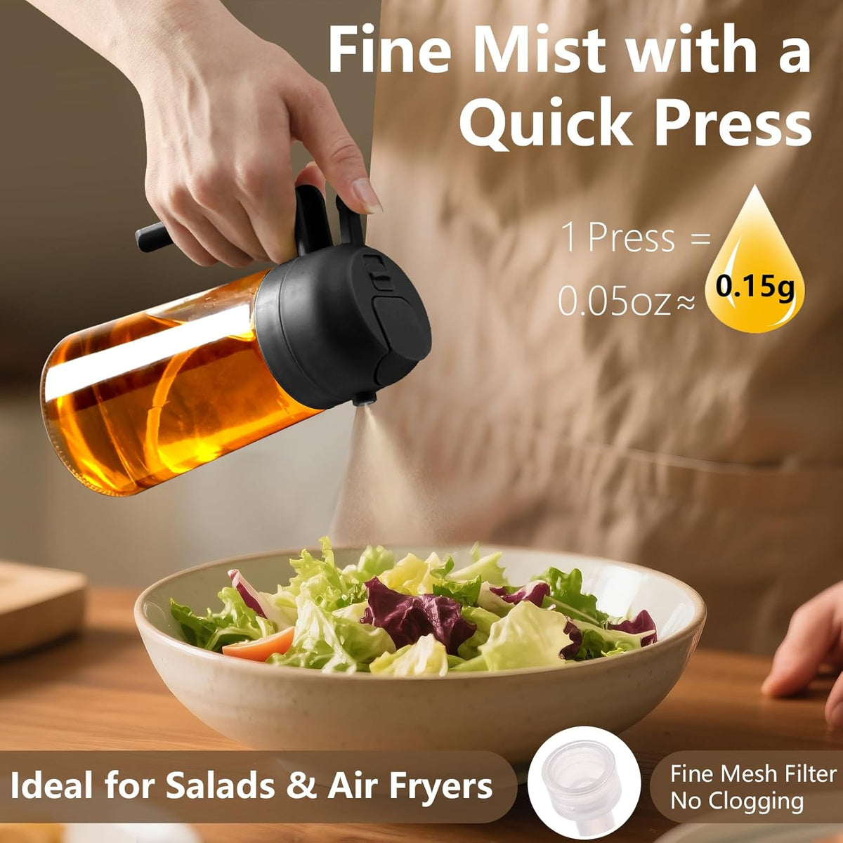 Olive Oil Sprayer for Cooking 16oz/470ml | Glass Oil Dispenser/Pour Bottle, Kitchen Accessories, Kitchen Gadgets for Air Fryer, Salad, BBQ, with Stickers (Black)