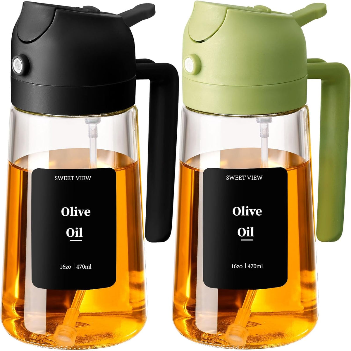 Olive Oil Sprayer for Cooking 16oz/470ml | Glass Oil Dispenser/Pour Bottle, Kitchen Accessories, Kitchen Gadgets for Air Fryer, Salad, BBQ, with Stickers (Black)