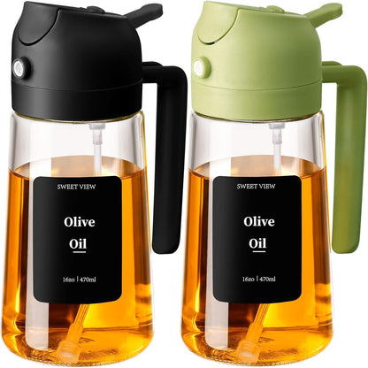 Olive Oil Sprayer for Cooking 16oz/470ml | Glass Oil Dispenser/Pour Bottle, Kitchen Accessories, Kitchen Gadgets for Air Fryer, Salad, BBQ, with Stickers (Black)
