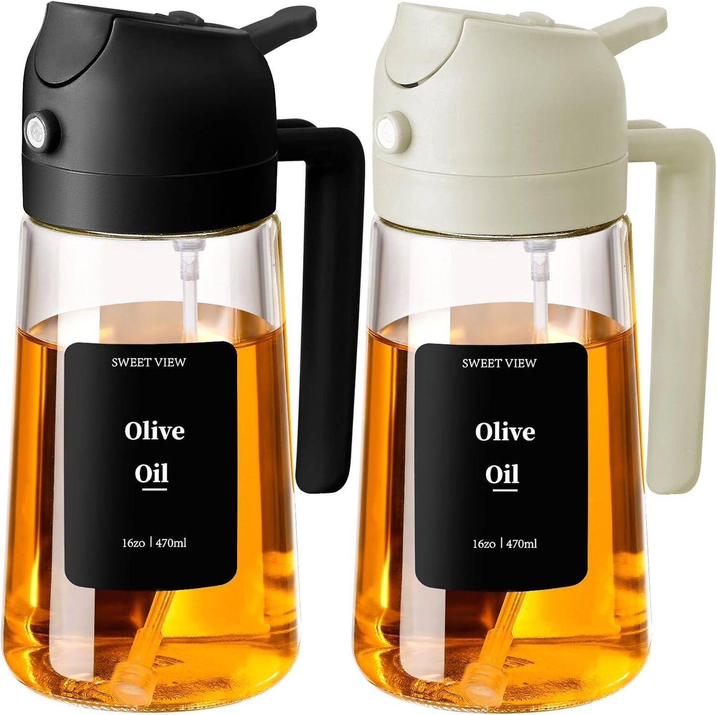 Olive Oil Sprayer for Cooking 16oz/470ml | Glass Oil Dispenser/Pour Bottle, Kitchen Accessories, Kitchen Gadgets for Air Fryer, Salad, BBQ, with Stickers (Black)