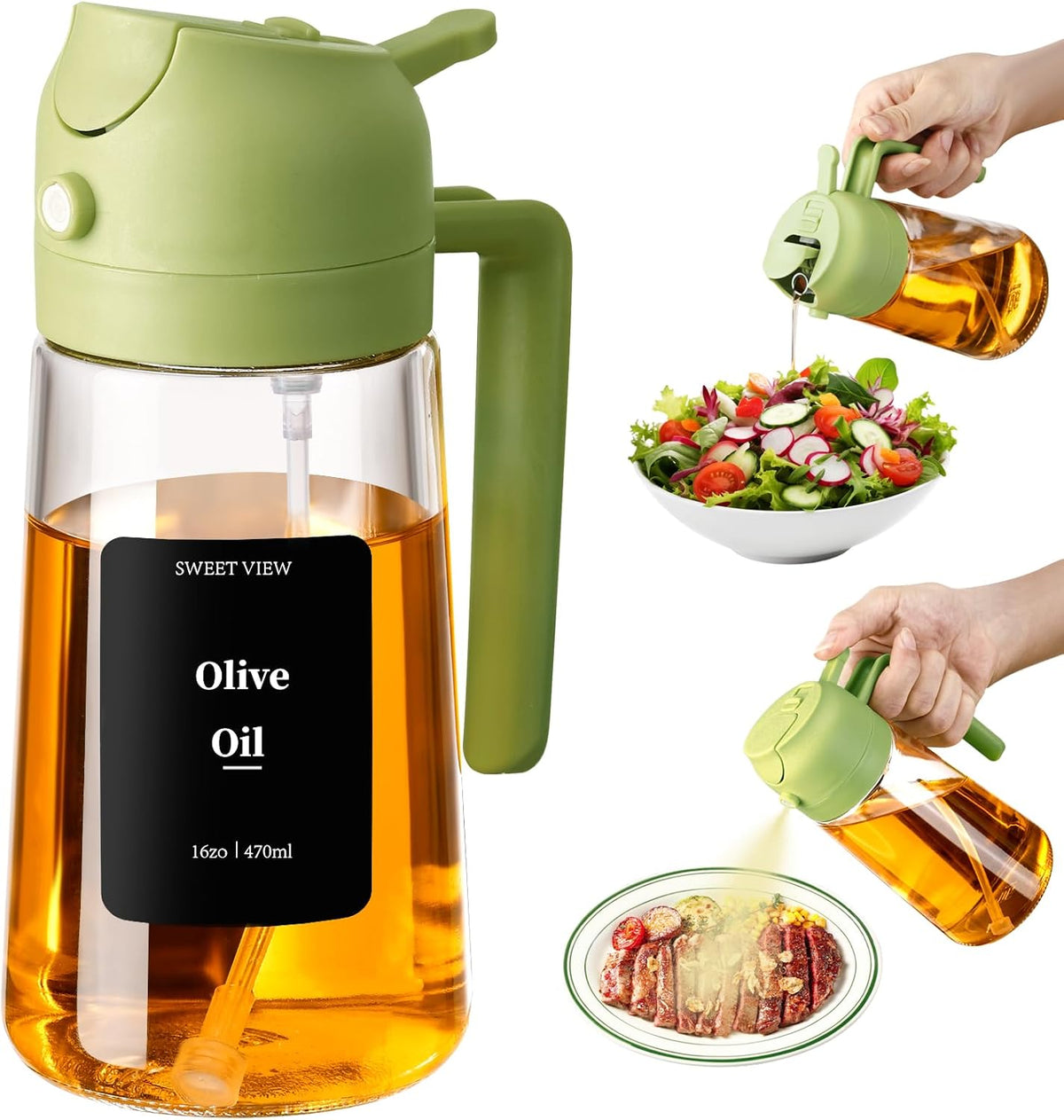 Olive Oil Sprayer for Cooking 16oz/470ml | Glass Oil Dispenser/Pour Bottle, Kitchen Accessories, Kitchen Gadgets for Air Fryer, Salad, BBQ, with Stickers (Black)