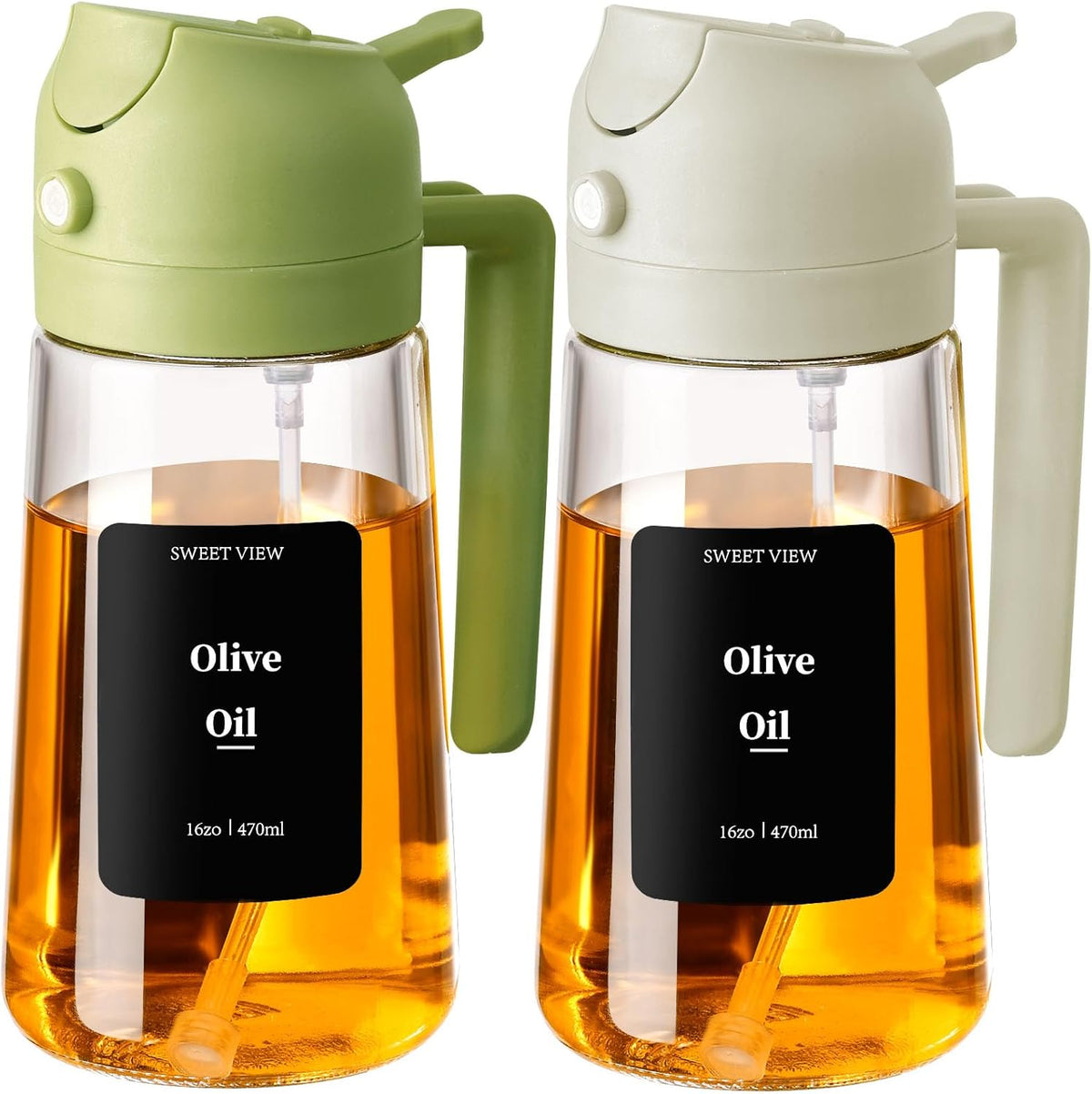 Olive Oil Sprayer for Cooking 16oz/470ml | Glass Oil Dispenser/Pour Bottle, Kitchen Accessories, Kitchen Gadgets for Air Fryer, Salad, BBQ, with Stickers (Black)