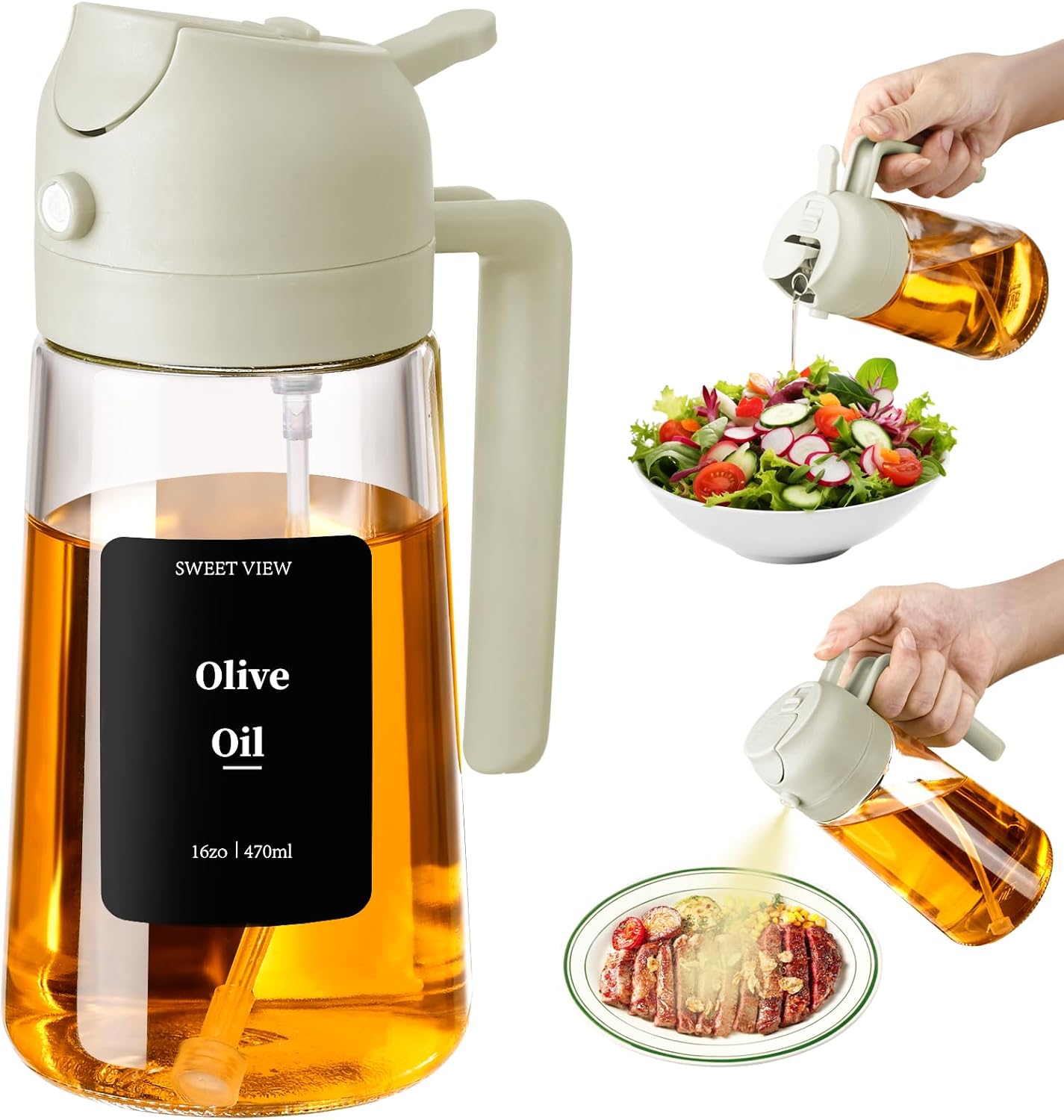 Olive Oil Sprayer for Cooking 16oz/470ml | Glass Oil Dispenser/Pour Bottle, Kitchen Accessories, Kitchen Gadgets for Air Fryer, Salad, BBQ, with Stickers (Black)