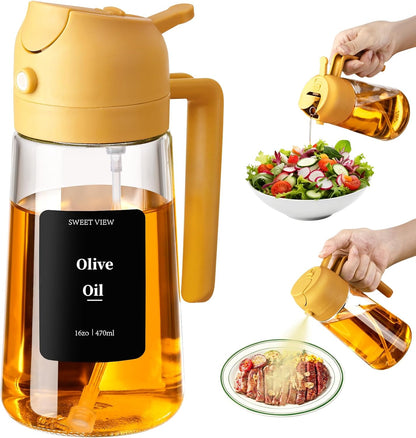 Olive Oil Sprayer for Cooking 16oz/470ml | Glass Oil Dispenser/Pour Bottle, Kitchen Accessories, Kitchen Gadgets for Air Fryer, Salad, BBQ, with Stickers (Black)