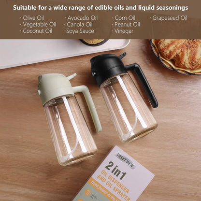Olive Oil Sprayer for Cooking 16oz/470ml | Glass Oil Dispenser/Pour Bottle, Kitchen Accessories, Kitchen Gadgets for Air Fryer, Salad, BBQ, with Stickers (Black)