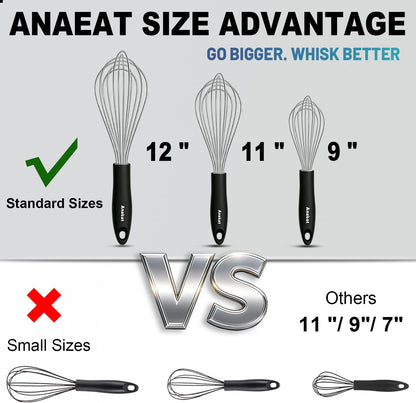 3 Packs Stainless Steel Whisk Set - Balloon Whisk, Thick Stainless Steel Wire ＆ Strong Handles, Egg Beater for Cooking, Blending, Whisking, Beating and Stirring (9"+11"+12")