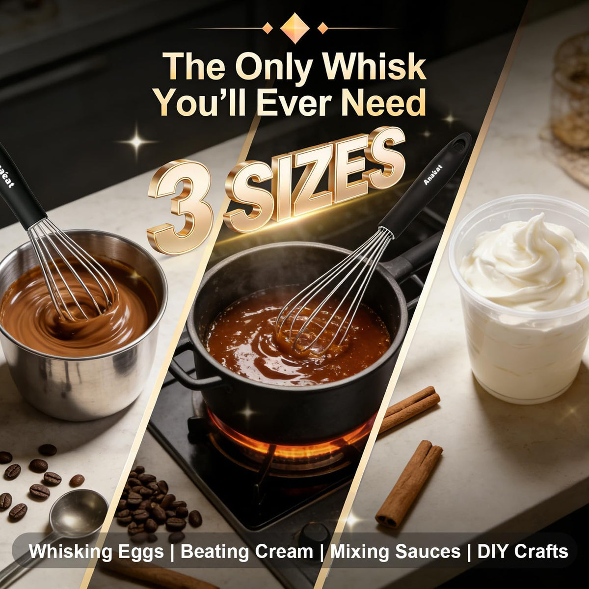 3 Packs Stainless Steel Whisk Set - Balloon Whisk, Thick Stainless Steel Wire ＆ Strong Handles, Egg Beater for Cooking, Blending, Whisking, Beating and Stirring (9"+11"+12")
