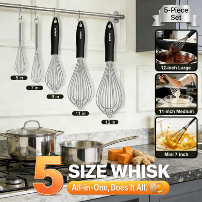 3 Packs Stainless Steel Whisk Set - Balloon Whisk, Thick Stainless Steel Wire ＆ Strong Handles, Egg Beater for Cooking, Blending, Whisking, Beating and Stirring (9"+11"+12")