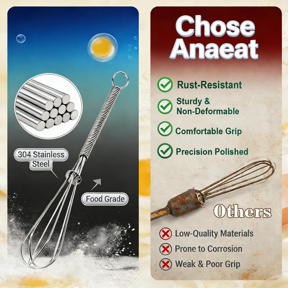 3 Packs Stainless Steel Whisk Set - Balloon Whisk, Thick Stainless Steel Wire ＆ Strong Handles, Egg Beater for Cooking, Blending, Whisking, Beating and Stirring (9"+11"+12")