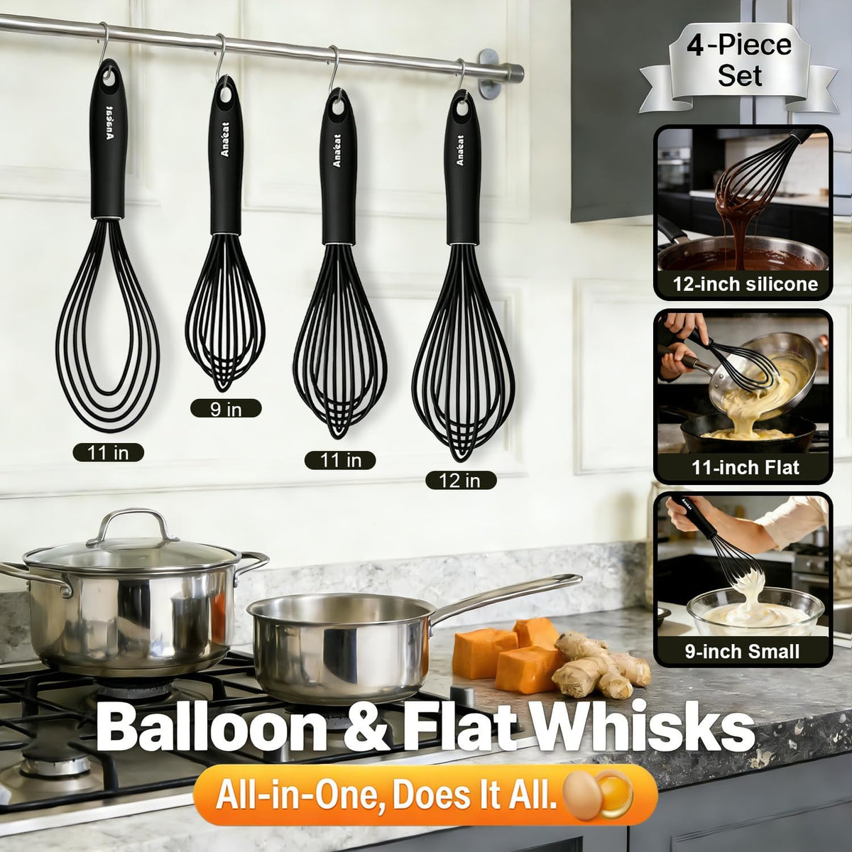 3 Packs Stainless Steel Whisk Set - Balloon Whisk, Thick Stainless Steel Wire ＆ Strong Handles, Egg Beater for Cooking, Blending, Whisking, Beating and Stirring (9"+11"+12")