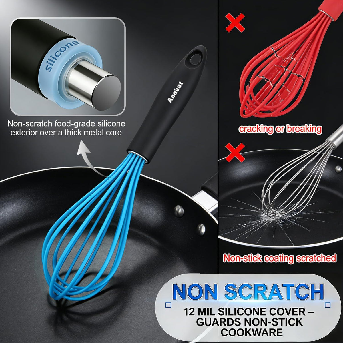 3 Packs Stainless Steel Whisk Set - Balloon Whisk, Thick Stainless Steel Wire ＆ Strong Handles, Egg Beater for Cooking, Blending, Whisking, Beating and Stirring (9"+11"+12")