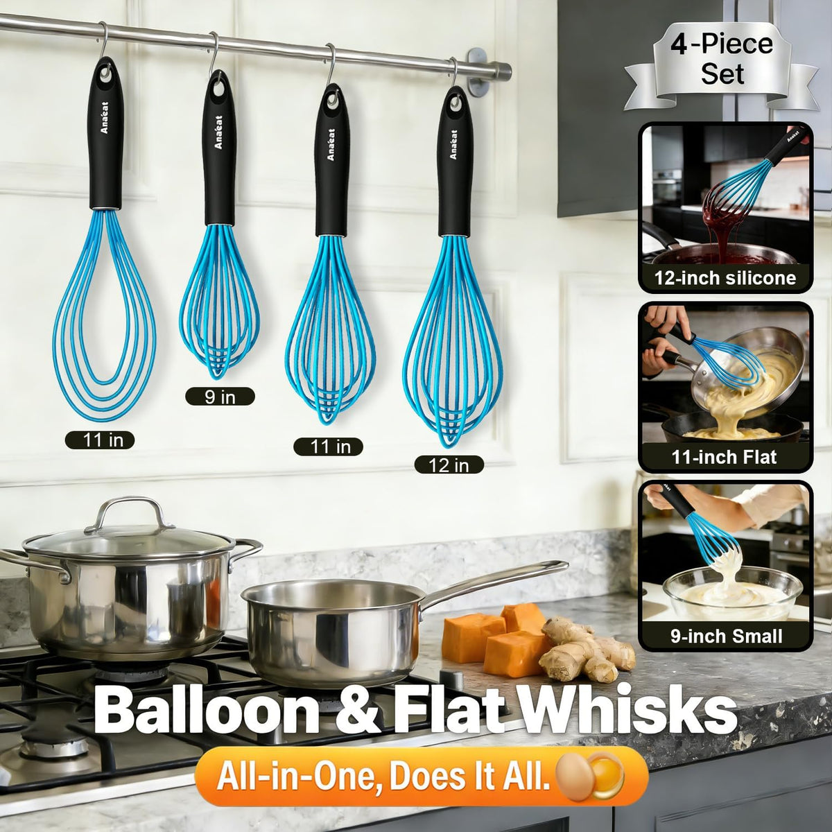 3 Packs Stainless Steel Whisk Set - Balloon Whisk, Thick Stainless Steel Wire ＆ Strong Handles, Egg Beater for Cooking, Blending, Whisking, Beating and Stirring (9"+11"+12")