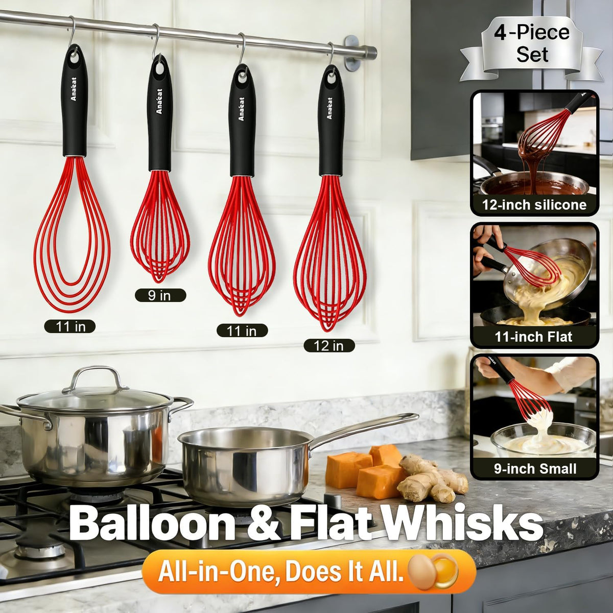 3 Packs Stainless Steel Whisk Set - Balloon Whisk, Thick Stainless Steel Wire ＆ Strong Handles, Egg Beater for Cooking, Blending, Whisking, Beating and Stirring (9"+11"+12")