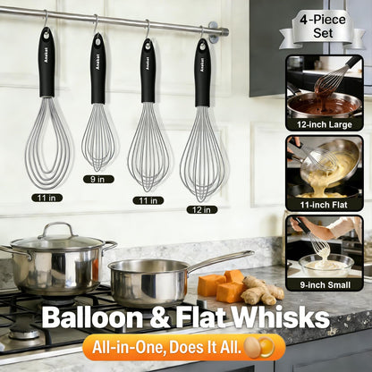 3 Packs Stainless Steel Whisk Set - Balloon Whisk, Thick Stainless Steel Wire ＆ Strong Handles, Egg Beater for Cooking, Blending, Whisking, Beating and Stirring (9"+11"+12")