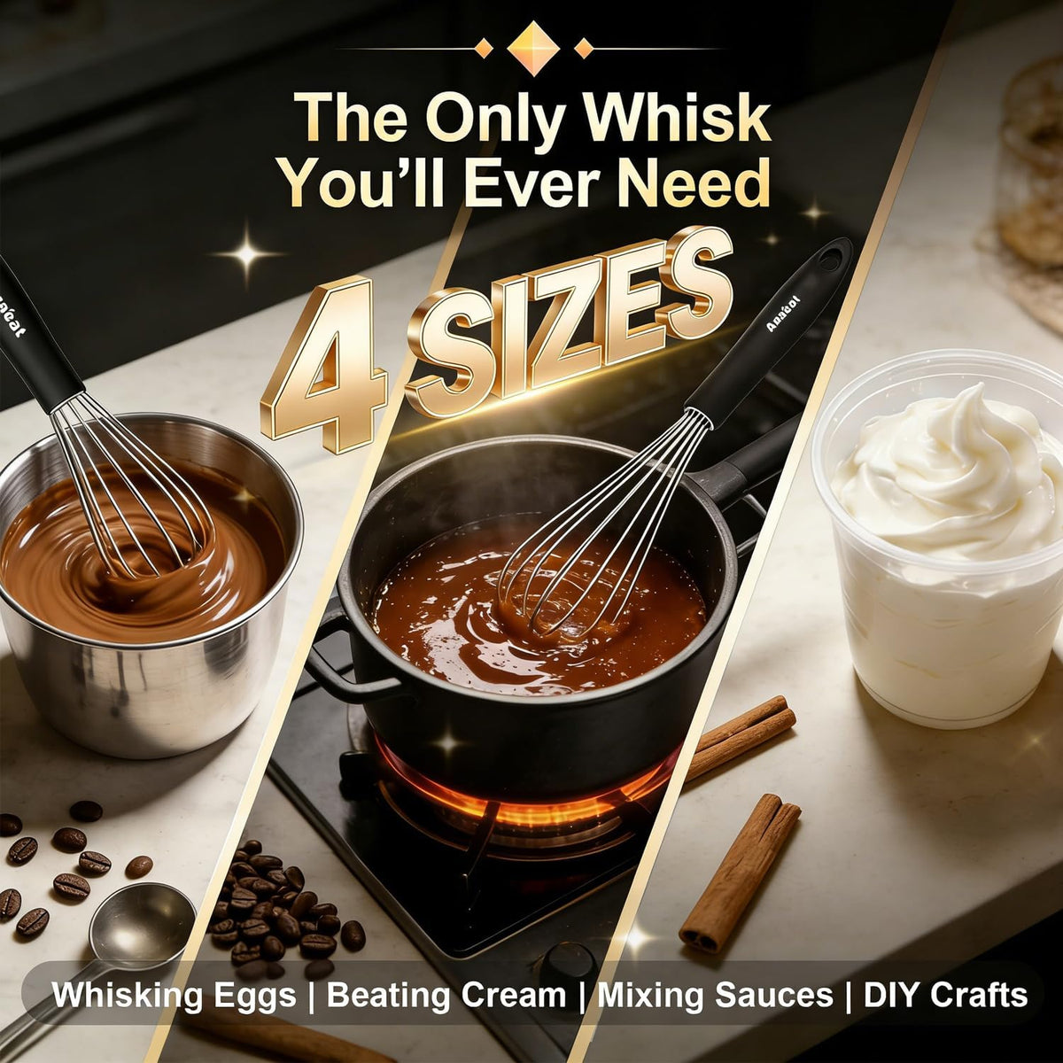 3 Packs Stainless Steel Whisk Set - Balloon Whisk, Thick Stainless Steel Wire ＆ Strong Handles, Egg Beater for Cooking, Blending, Whisking, Beating and Stirring (9"+11"+12")