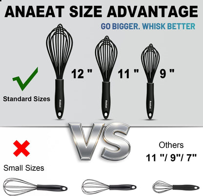 3 Packs Stainless Steel Whisk Set - Balloon Whisk, Thick Stainless Steel Wire ＆ Strong Handles, Egg Beater for Cooking, Blending, Whisking, Beating and Stirring (9"+11"+12")