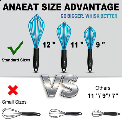 3 Packs Stainless Steel Whisk Set - Balloon Whisk, Thick Stainless Steel Wire ＆ Strong Handles, Egg Beater for Cooking, Blending, Whisking, Beating and Stirring (9"+11"+12")
