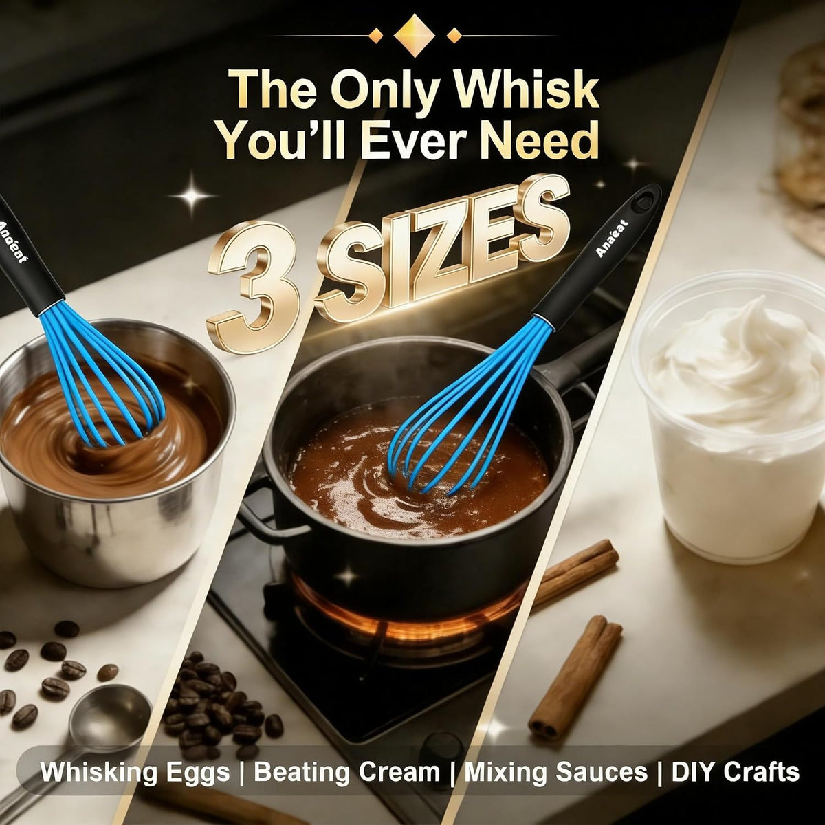 3 Packs Stainless Steel Whisk Set - Balloon Whisk, Thick Stainless Steel Wire ＆ Strong Handles, Egg Beater for Cooking, Blending, Whisking, Beating and Stirring (9"+11"+12")