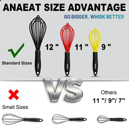 3 Packs Stainless Steel Whisk Set - Balloon Whisk, Thick Stainless Steel Wire ＆ Strong Handles, Egg Beater for Cooking, Blending, Whisking, Beating and Stirring (9"+11"+12")