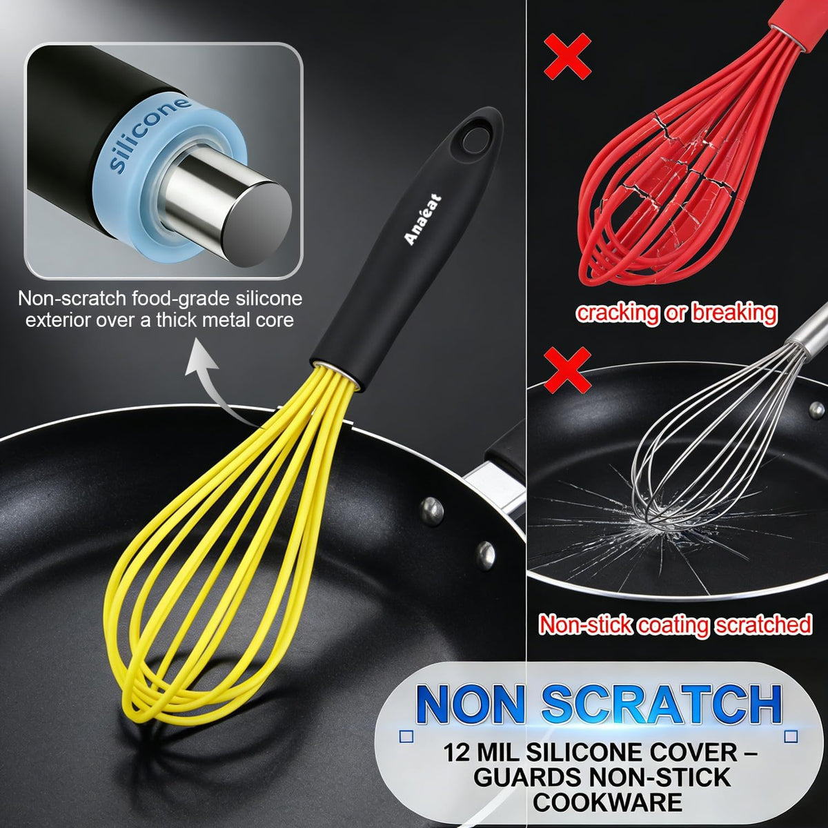3 Packs Stainless Steel Whisk Set - Balloon Whisk, Thick Stainless Steel Wire ＆ Strong Handles, Egg Beater for Cooking, Blending, Whisking, Beating and Stirring (9"+11"+12")