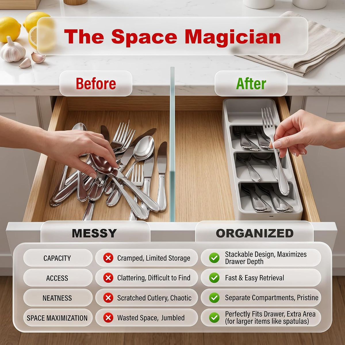 Silverware Organizer for Drawer - Utensil Drawer Organizer Compact Utensil Organizer Silverware Tray Cutlery Organizer Spoon Drawer Kitchen for Kitchen, Office, Bathroom, Living room